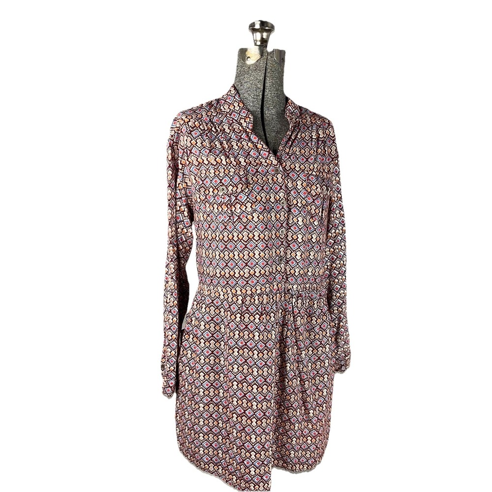Angie Long Roll Tab Sleeve Printed Mini Shirt Dress Pockets Women L Classic Boho